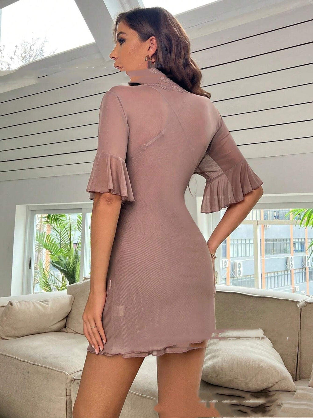 Cross Lace Bow Home Wear See-through Dress