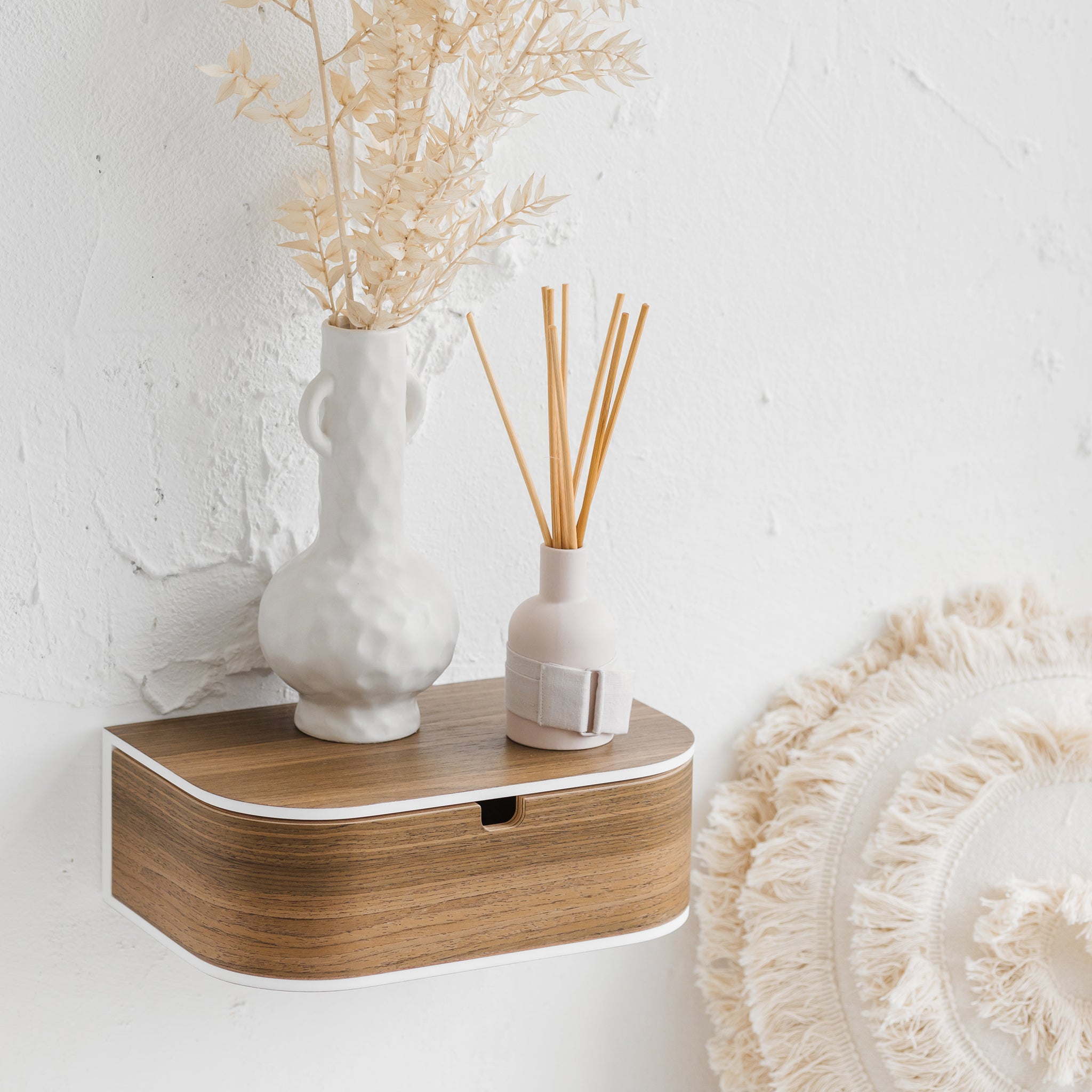 Big mounted bedside wooden nightstand, Scandinavian home interior stone shelf