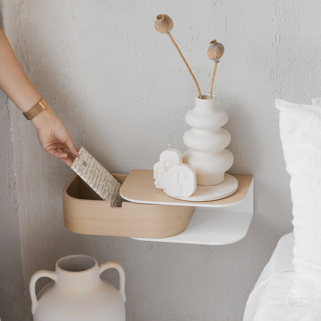 Big mounted bedside wooden nightstand, Scandinavian home interior stone shelf