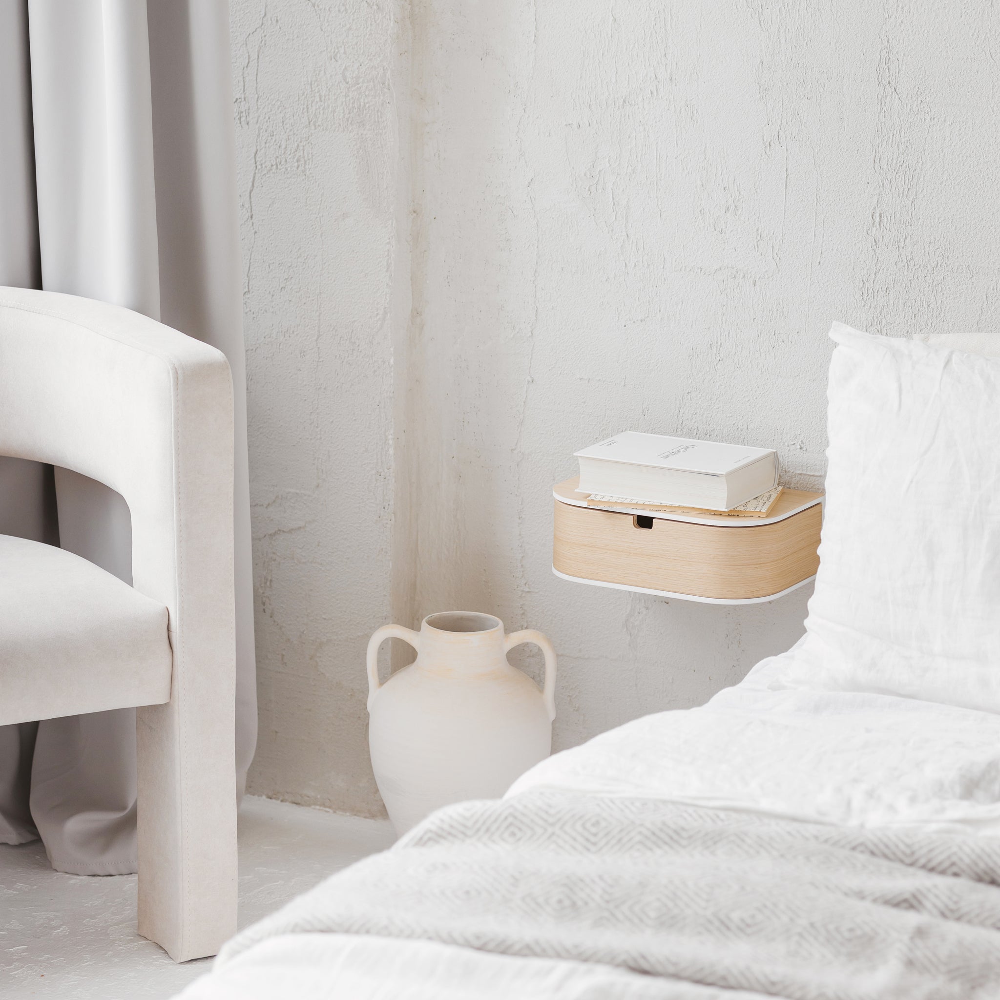 Big mounted bedside wooden nightstand, Scandinavian home interior stone shelf