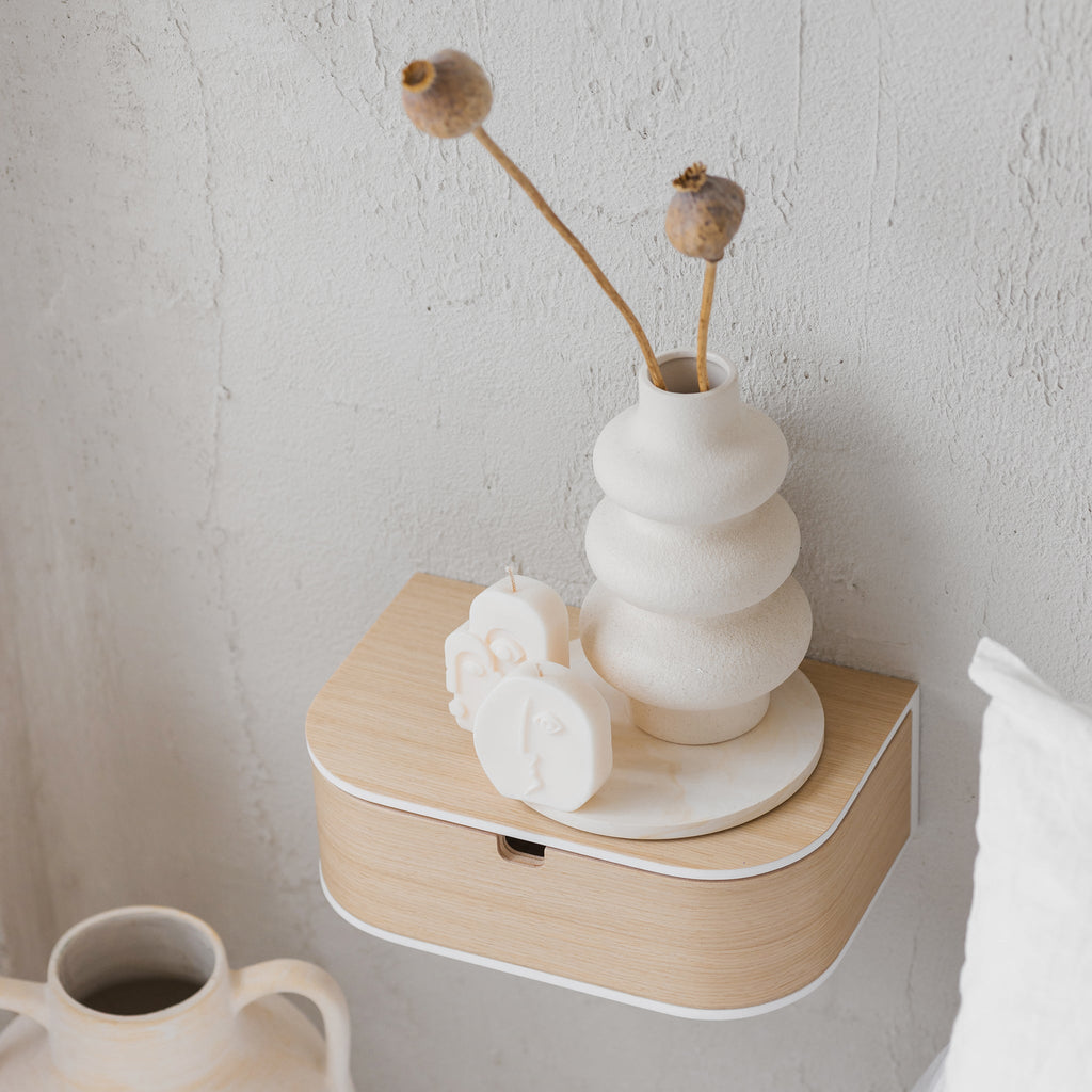 Big mounted bedside wooden nightstand, Scandinavian home interior stone shelf