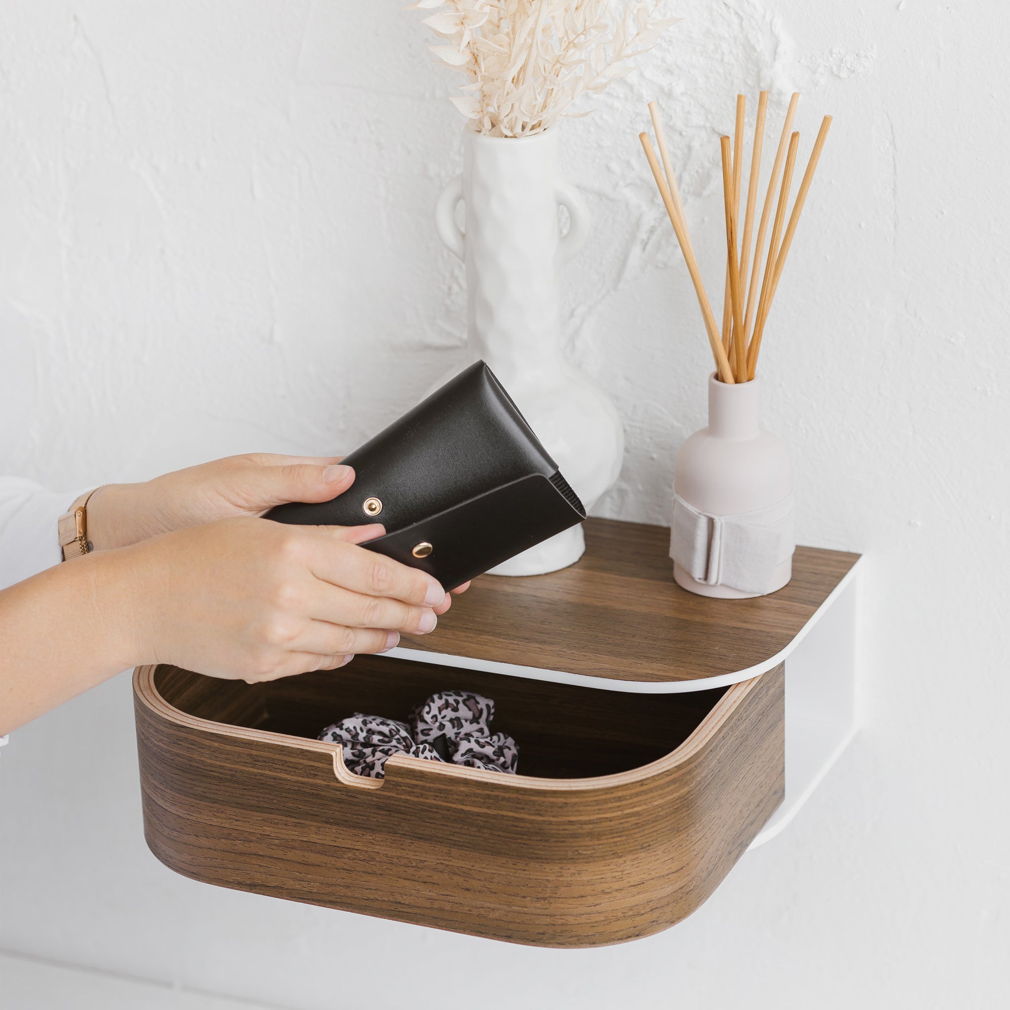 Big mounted bedside wooden nightstand, Scandinavian home interior stone shelf