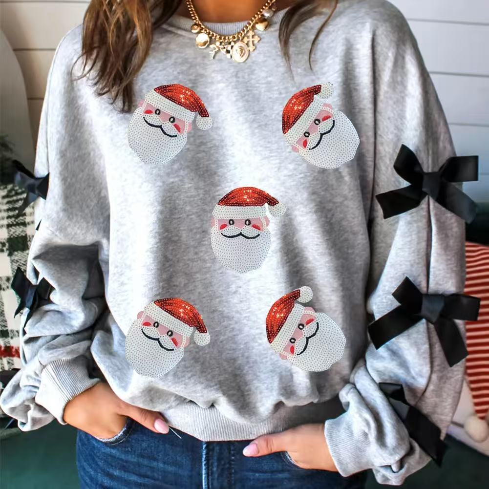 Car Sequin Shining Patch Ribbon Slit Long Sleeve Women