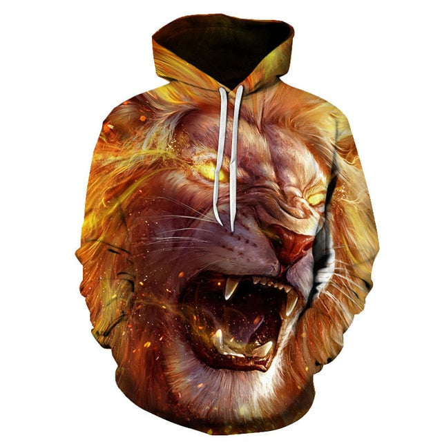 Novelty Flame Lion Hoodie Men's Animal Men's Clothing Flame